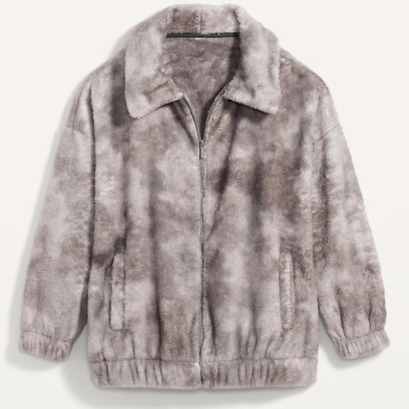 NWT Cozy Teddy Sherpa Zip Lounge Jacket Tie Dye Gray Plush Faux Fur - Picture 2 of 8